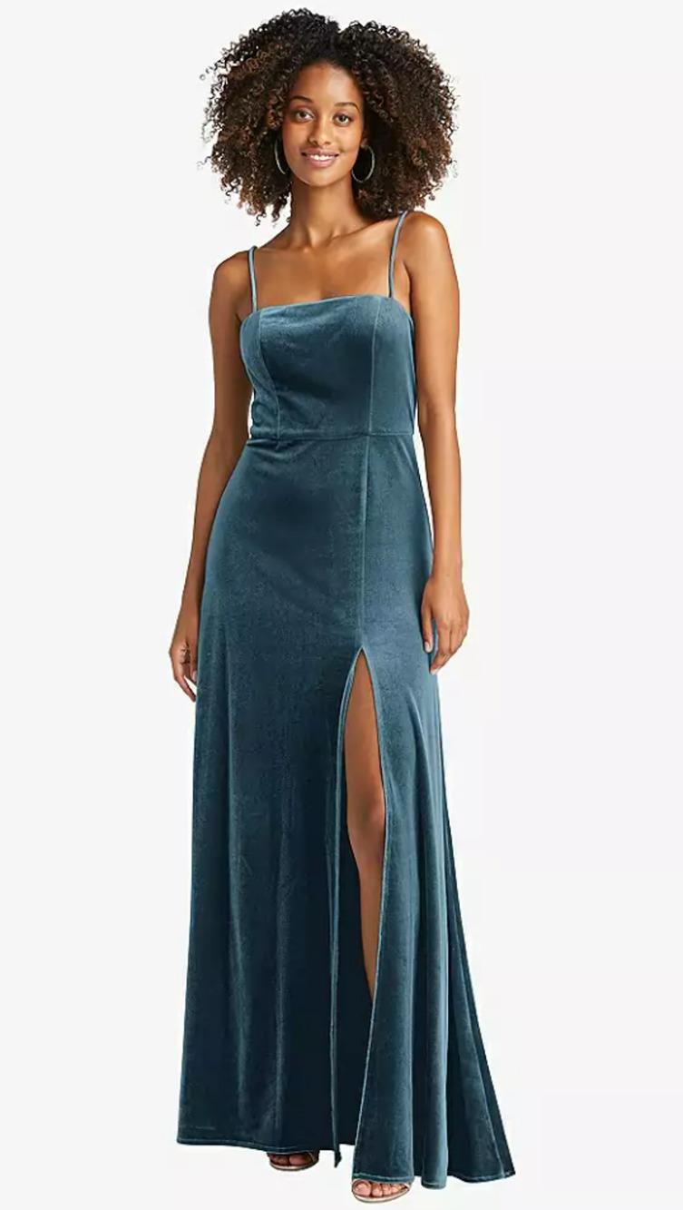 Lovely Size 6 Drew Velvet Square Neck Dutch Blue Maxi Dress $202 msrp I23-9